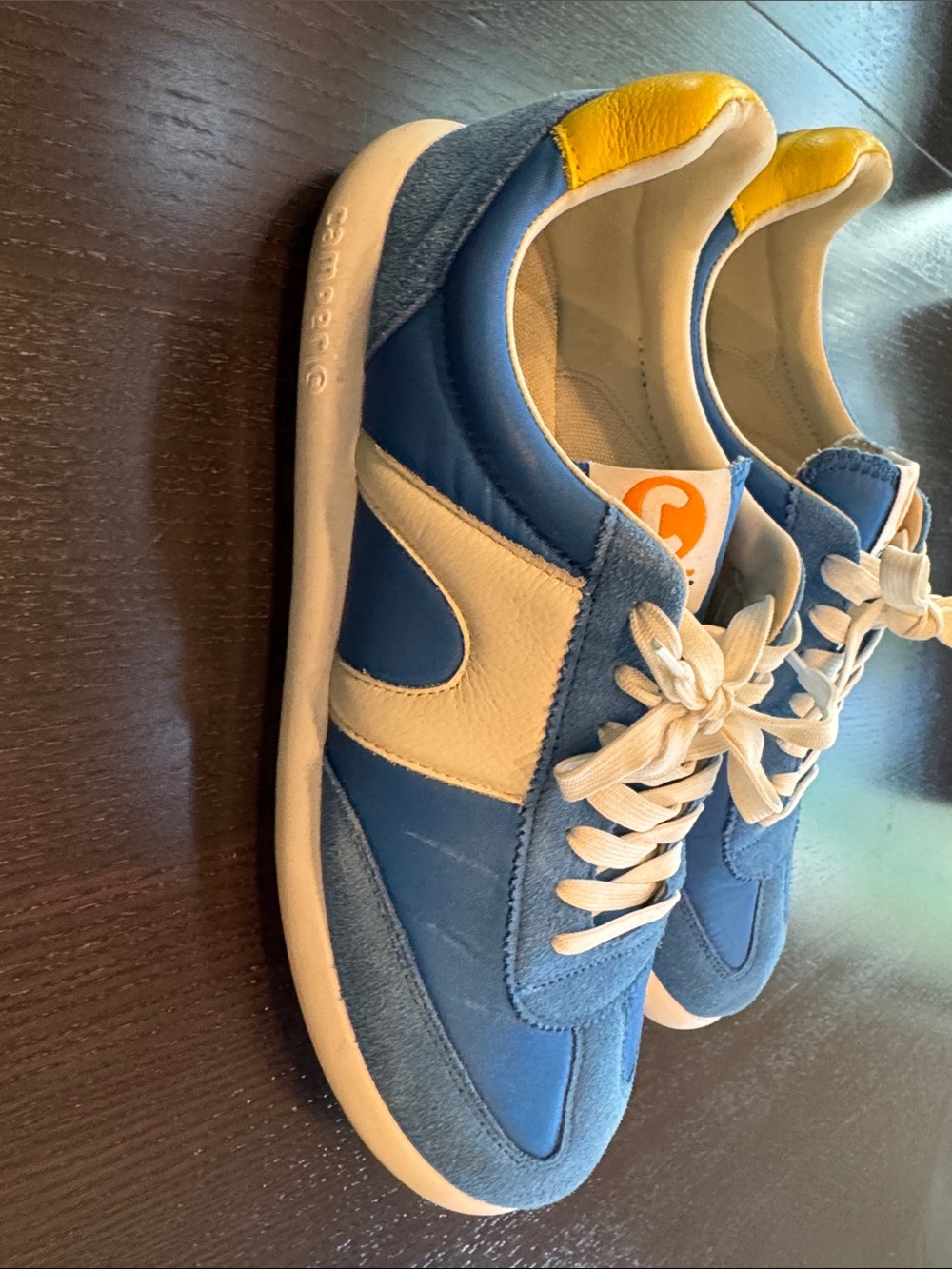 Camper Blue and White Low-Profile Sneakers with Yellow Heel - Picture 2 of 7